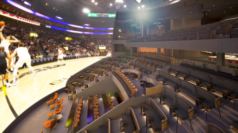 A rendering of a large new Cosm entertainment building in downtown Atlanta near many other buildings and stadiums.