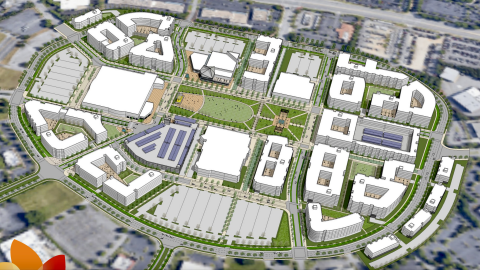 An aerial rendering view of a large mall site filled with new development north of Atlanta in Gwinnett County, near many roads.