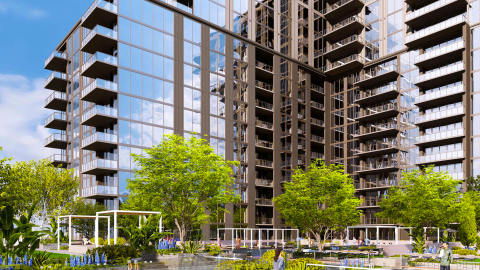 A rendering for a large new modern and glassy condo tower in Atlanta with outdoor courts and many amenities. 