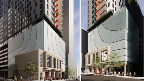 A rendering of a large tower on a wide street in the middle of Midtown Atlanta, with red flourished up one side of it.