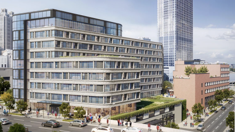 A rendering of a large new housing project near many tall buildings in downtown Atlanta, near wide streets.