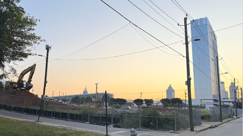 An image showing a large construction site near downtown Atlanta where a substation is being built next to wide streets.