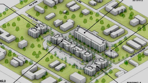 An image showing a site with closed apartments where new low-rise apartments and a wide apartment building are planned.