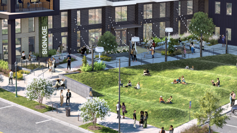 A rendering of a large modern apartment building under blue skies on a corner in West Atlanta near many trees.