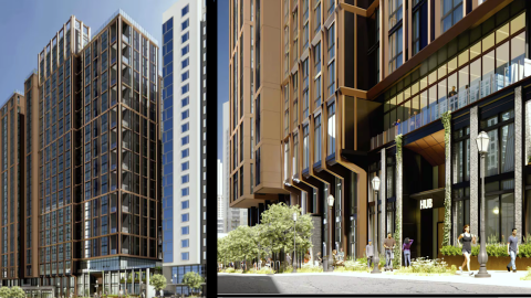 A rendering of a large brown building under blue skies in a row of high-rises in Atlanta, on a wide street.