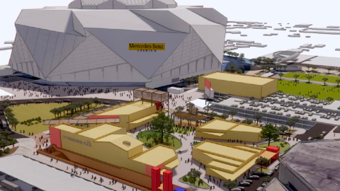 A rendering showing how a large new retail district atop a plaza could look and function next to a large angular stadium and convention center in Atlanta.