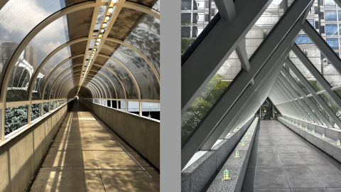 A photo of two skybridges over downtown Atlanta with much glass and interesting angles.