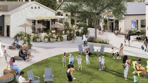 Overview of a greenspace and shops at a mall redevelopment site in Atlanta.