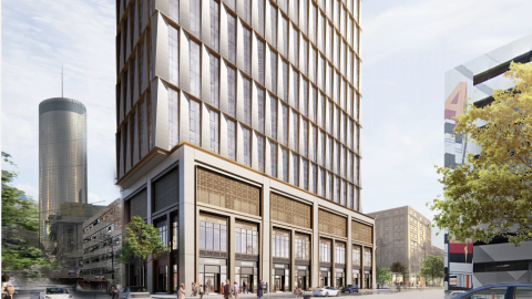 A rendering of a large white and beige high-rise in downtown Atlanta under gray-blue skies.