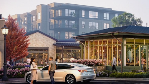 A rendering showing a large redevelopment in a downtown near Atlanta under blue skies, with many new buildings.