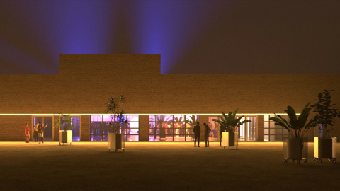 An night time rendering of a long low building with neon lighting and potted trees in front. 