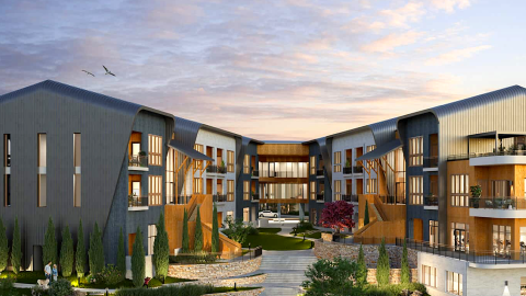 A rendering of a large mixed-use modern style building south of Atlanta under blue gray skies with many clouds and modern cozy interiors. 