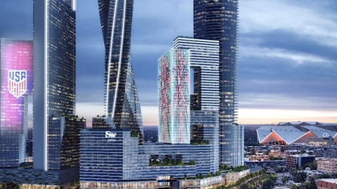 A rendering of a huge development site with multiple skyscrapers in downtown Atlanta near a large stadium.