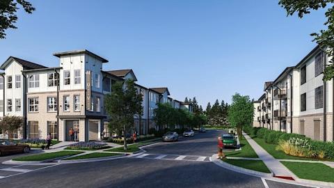 A rendering of a new apartment community site under blue skies along wide roadways outside Atlanta. 