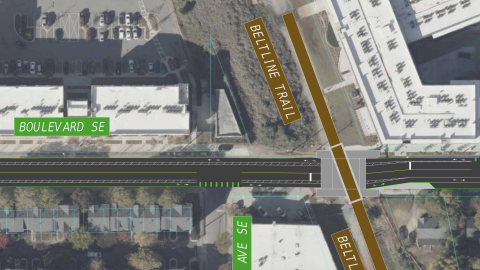 A graphic showing new bike lanes and lane makeovers on a wide street in Southeast Atlanta near a green park and zoo.
