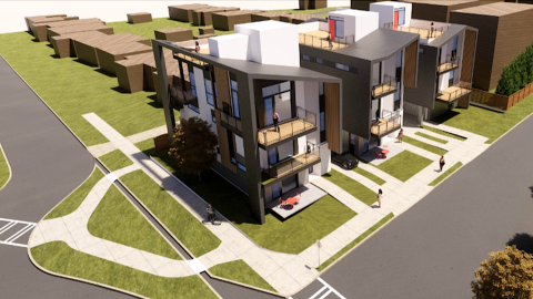 A rendering of a row of modern houses near two wide street and a lawn in Atlanta under bright skies.