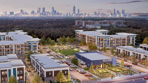 An image of a large new apartment community with a food hall in the middle east of Atlanta near many trees and wide streets, with modern interiors. 