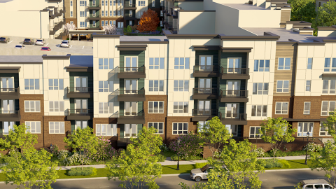 A rendering of a large new beige and green apartment complex on Atlanta's southside near a very wide street under sunny skies.