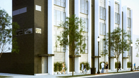 A rendering of six townhomes in white and brick under grayish blue skies in Atlanta. 