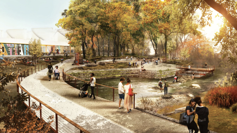 A rendering of a large riverside park scene near Atlanta with a river and many trees under sunny skies. 