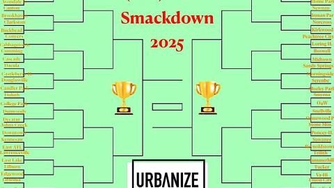 A tournament called suburban smackdown with 64 names on a large bracket in orange, on a green backdrop.