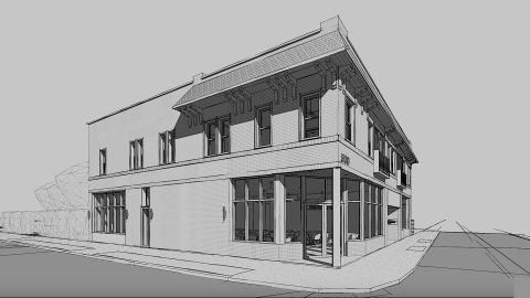 A rendering of a brick corner building with yellow flourishes with a store at the bottom and apartments on top on Atlanta's Westside.