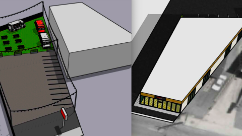 An image showing a new food truck court and other building on a site along a wide busy road in Atlanta near many buildings. 