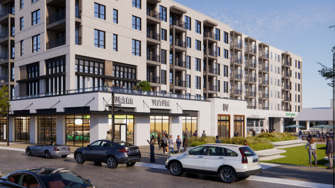 A rendering showing a white and brick apartment building with many balconies over retail shops under blue skies near a lawn and many cars east of Atlanta. 