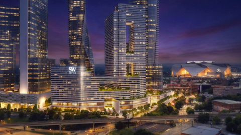 A rendering of a huge development project with several architectural high-rise towers near a football stadium under darkish clear skies in downtown Atlanta.