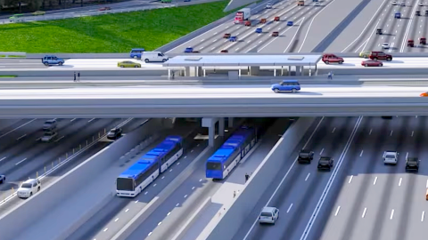 A rendering of a large express lane and bus rapid transit project in the middle of many traffic lanes near greenspace north of Atlanta. 