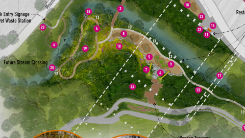 A rendering of a large park space with a pedestrian pathway in Buckhead, north of downtown Atlanta.