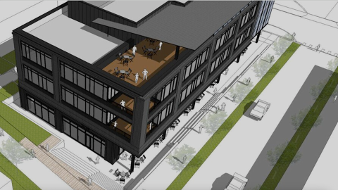 An image showing a corner site where a modern-style short building of new offices is planned in northwest Atlanta.