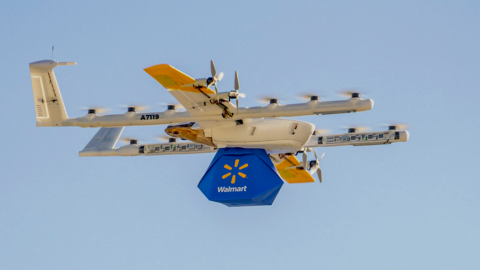 An image showing details for a new drone delivery service around Atlanta in the sky, with Walmart branding. 