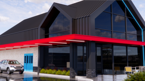 An image of a modern-style new drive-thru Zaxby's restaurant north of Atlanta near many businesses and a two wide roads.