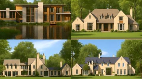 An image showing four huge tan modern and traditional houses in Atlanta under blue skies near large trees.