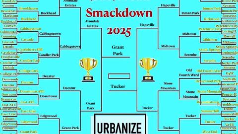 A large blue green tournament bracket with many names on it. 