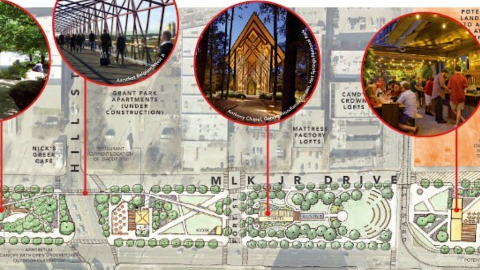 A rendering of a large new park between two huge city streets in Atlanta with many graphics.