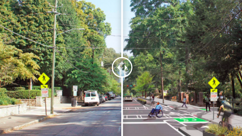 A photo and rendering of a new bike lane and expanded sidewalks in Atlanta near tall trees and many houses.