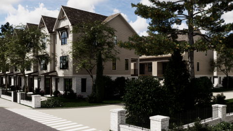 A rendering showing a large townhome project under blue skies in Atlanta with many trees and plants dotted around.