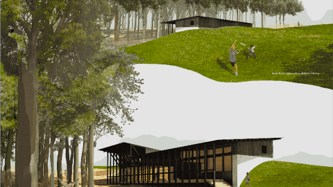 A rendering of a modern style library built into a hill with wood and glass and many trees around.