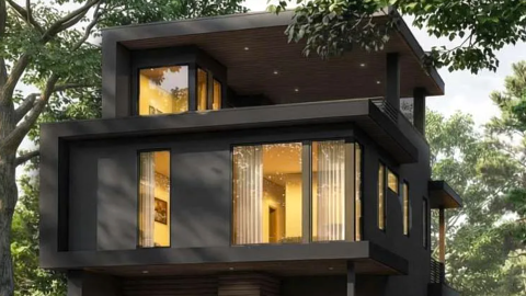 An image of a tall black modern home proposed for a city street in Atlanta with many trees on all sides near the Beltline trail.