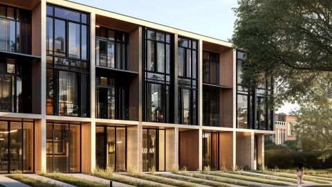 An image of a lot on a corner west of downtown Atlanta where modern townhomes are planned  near large trees.