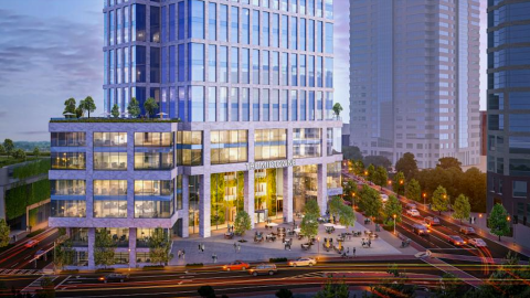A rendering for a stone and glass large new skyrise over wide main streets in Midtown Atlanta. 