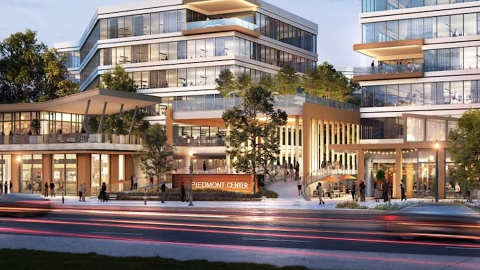 A rending of an office complex with a wide street in front and two taller buildings behind in Buckhead Atlanta.