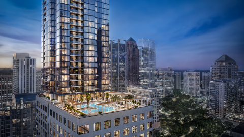 A rendering of a tall glassy skyscraper in Midtown Atlanta with a pool and palm trees and many other buildings around, with long-range view of a city. 