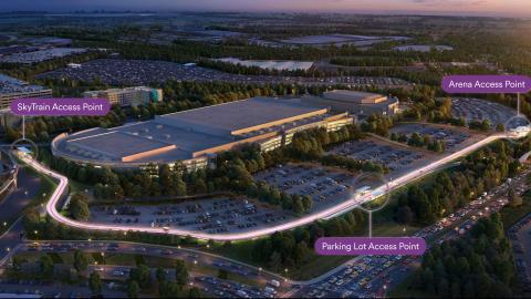 An overview of a large autonomous vehicle route near a huge airport in Atlanta underway with blue-peach skies overhead. 