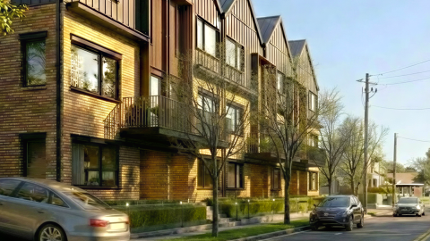 A rendering of a large brick townhome development proposal under blue skies near a wide street with cars in front in Atlanta.