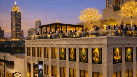 A rendering showing a new entertainment complex in downtown Atlanta with many people on a rooftop and tall buildings in the distance.