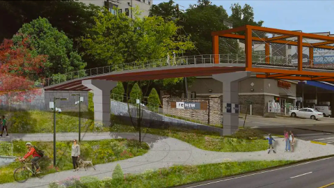 A rendering for a new Atlanta Beltline bridge over a wide street in Atlanta under blue skies.