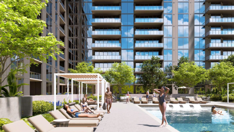 An image of a large new condo building in Buckhead Atlanta with huge amenities and big condos wrapped in a glass exterior.